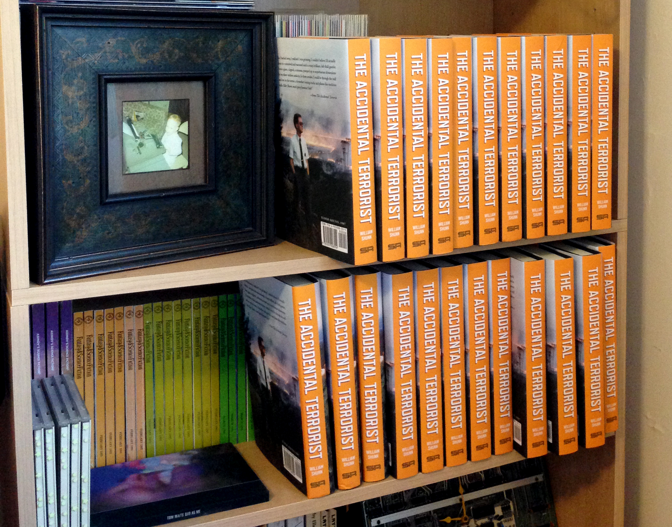 A bookshelf containing various objects, including two dozen hardcover copies of The Accidental Terrorist.