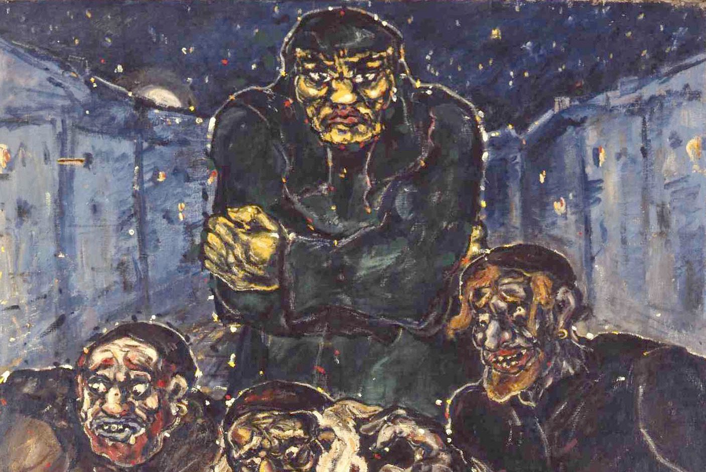 In a stylized oil painting, a stern yellow-skinned golem hugs itself and stares directly at the viewer, while before and below it three rabbis look down and to the side in distress. Behind them, blue building loom beneath a starry sky.