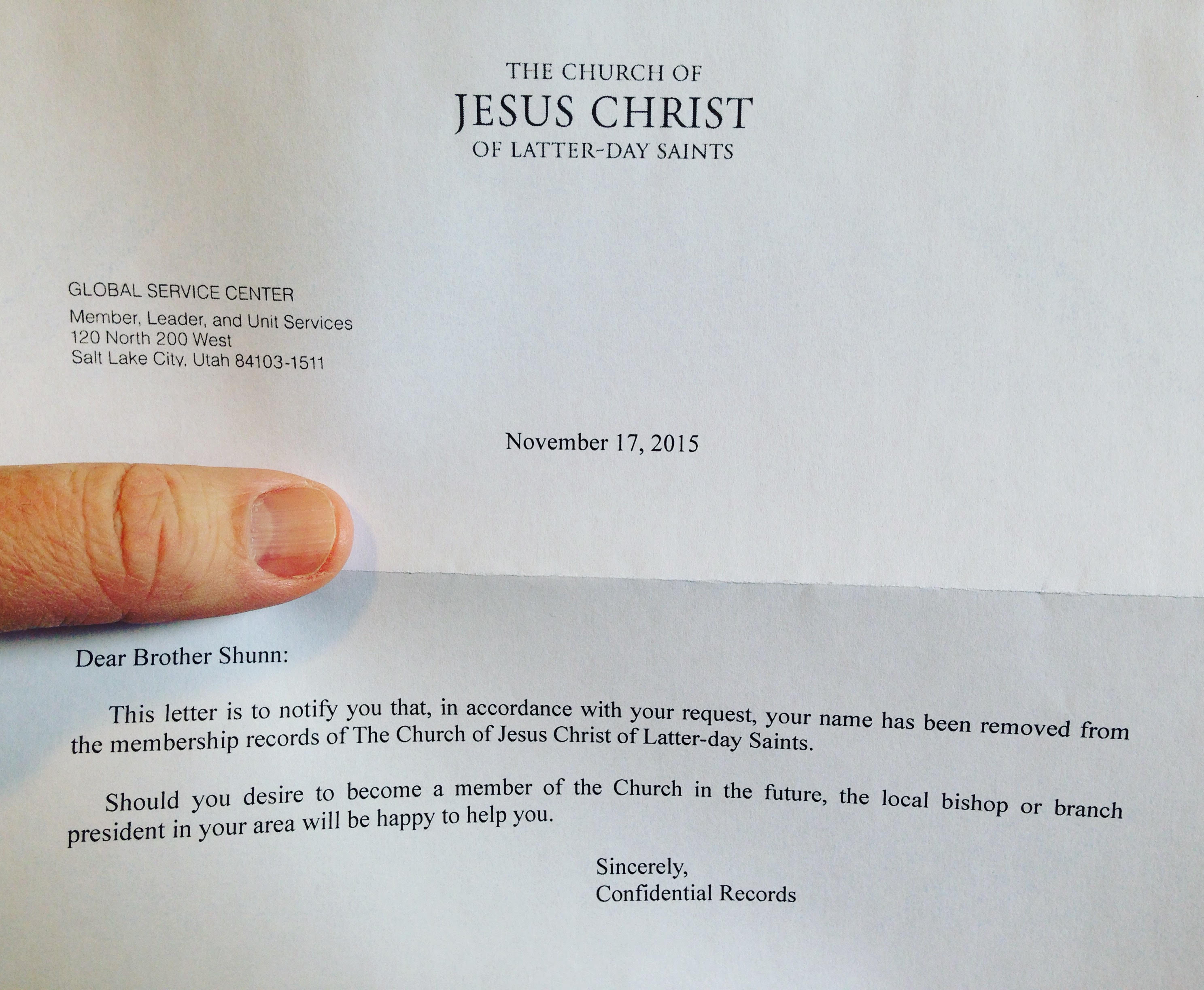 Confirmation of successful resignation from LDS Church