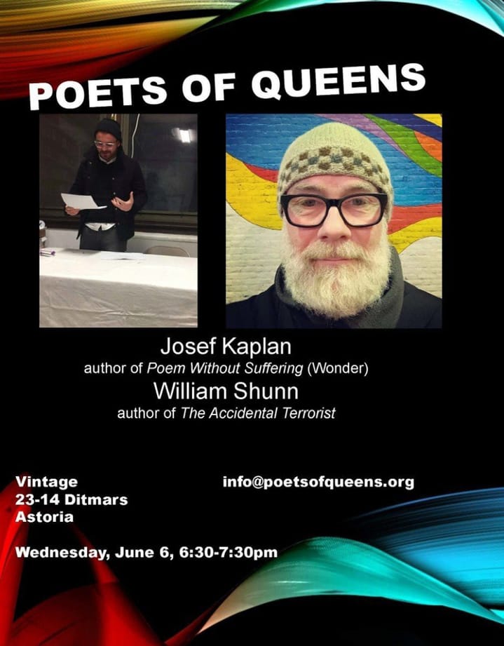 Poets of Queens Reading, 6 June 2018, 6:30 pm, Vintage Wine Bar, Astoria, Queens