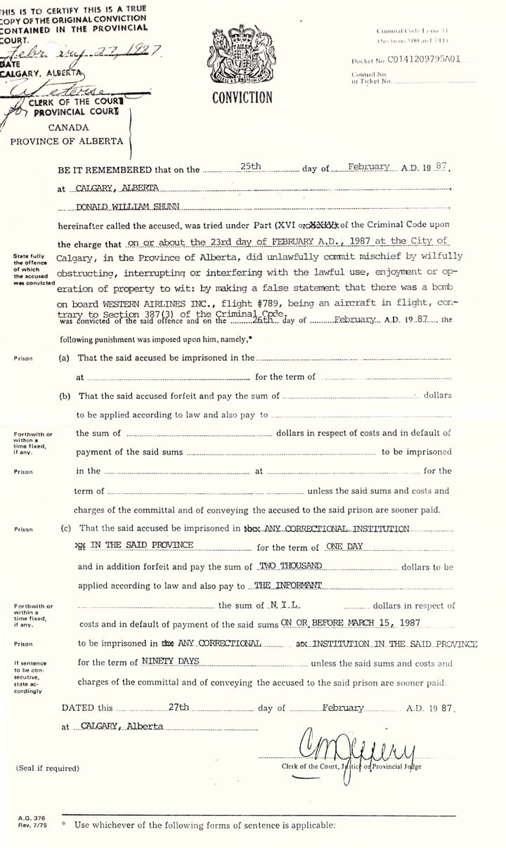 This is to certify this is a true copy of the original conviction contained in the provincial court.